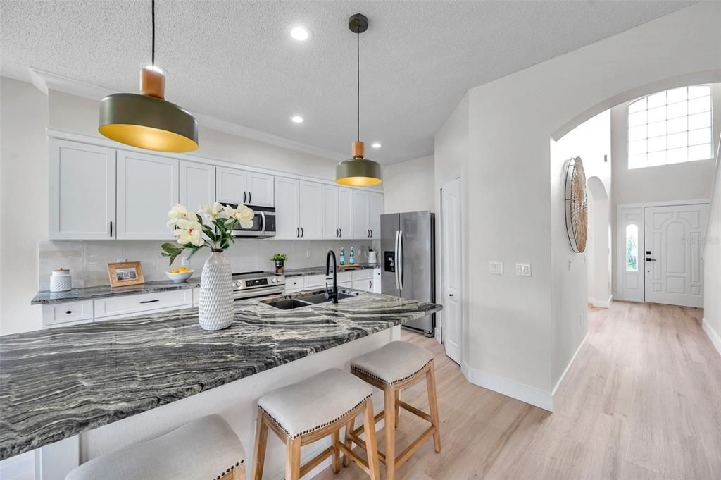 Interior, Kitchen, Pendant Lights, Recessed Lighting, Stainless Steel Appliances, Wood Texture Flooring