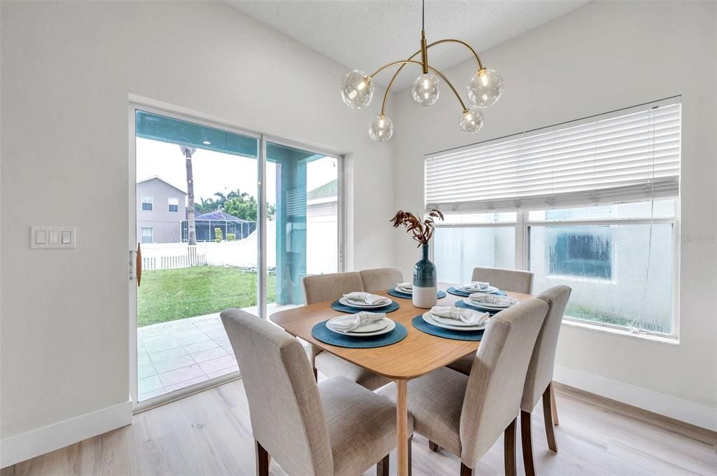 Dining room, Interior, Pendant Lights, Wood Texture Flooring