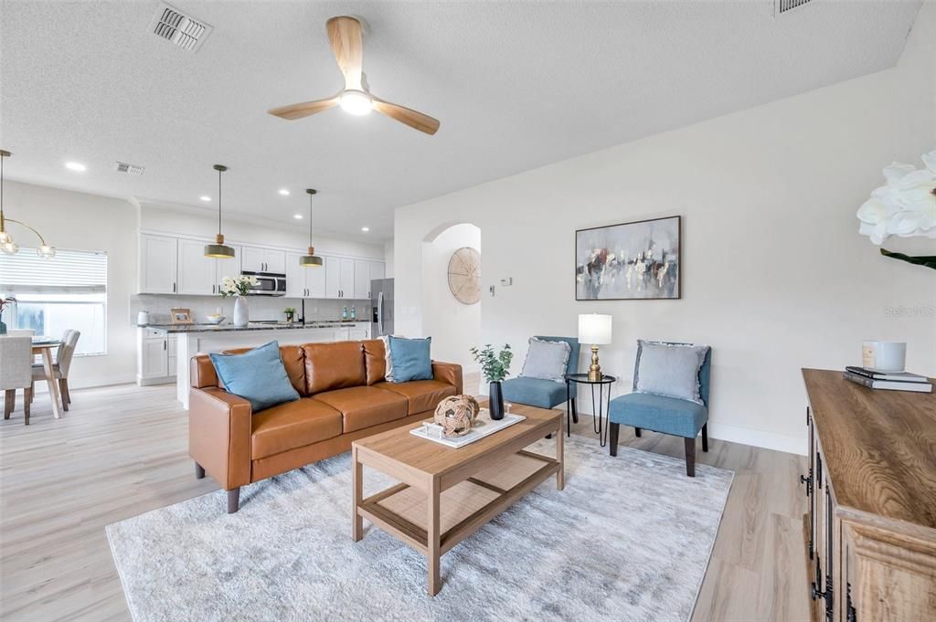 Dining room, Interior, Kitchen, Living room, Pendant Lights, Recessed Lighting, Stainless Steel Appliances, Wood Texture Flooring