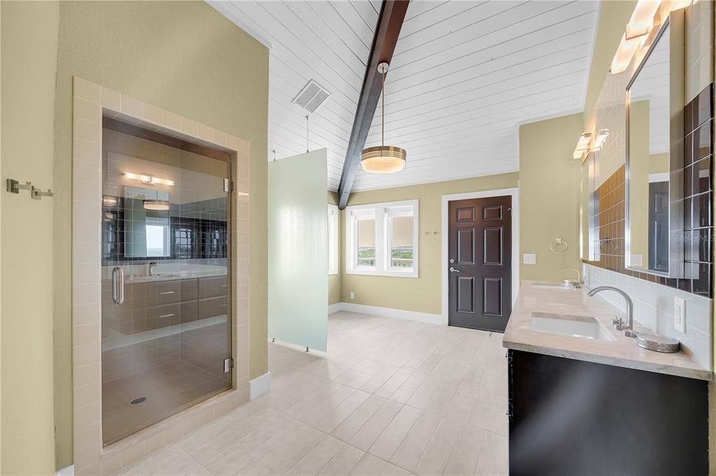 Bathroom, Glass Shower, Interior, Pendant Lights, Wood Texture Flooring