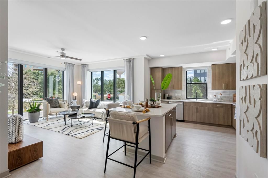 Interior, Kitchen, Living room, Recessed Lighting, Wood Texture Flooring