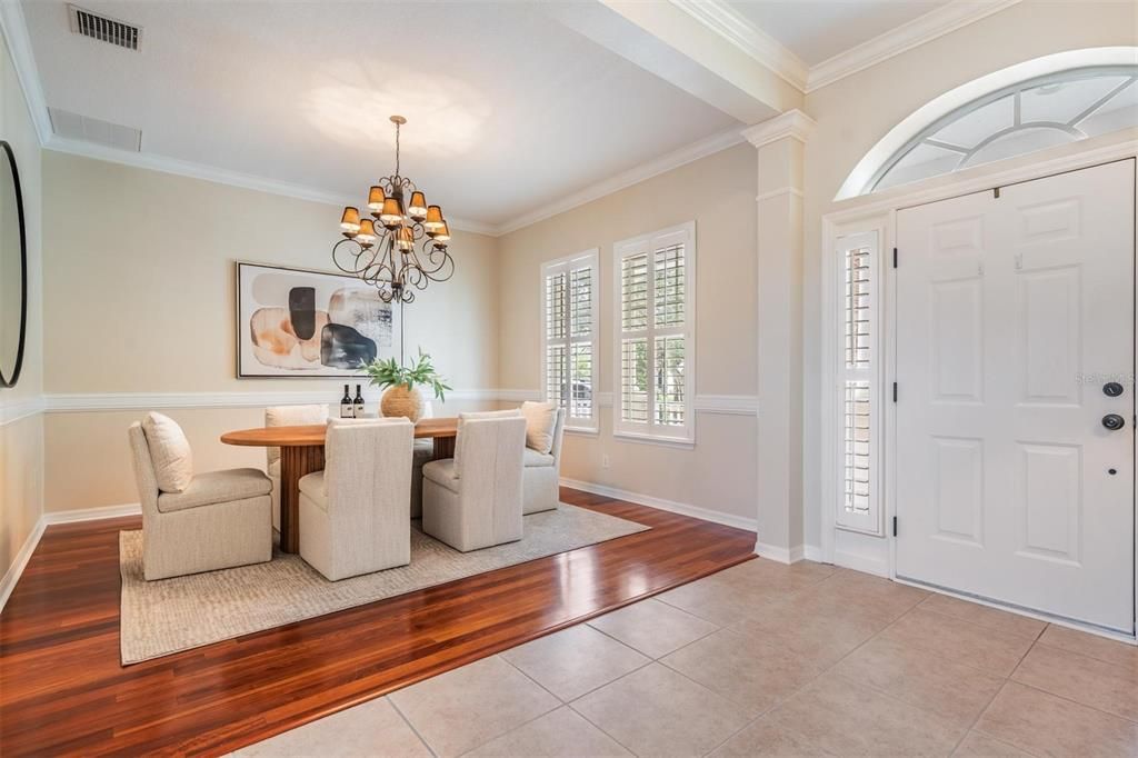Chandelier, Dining room, Interior, Wood Texture Flooring