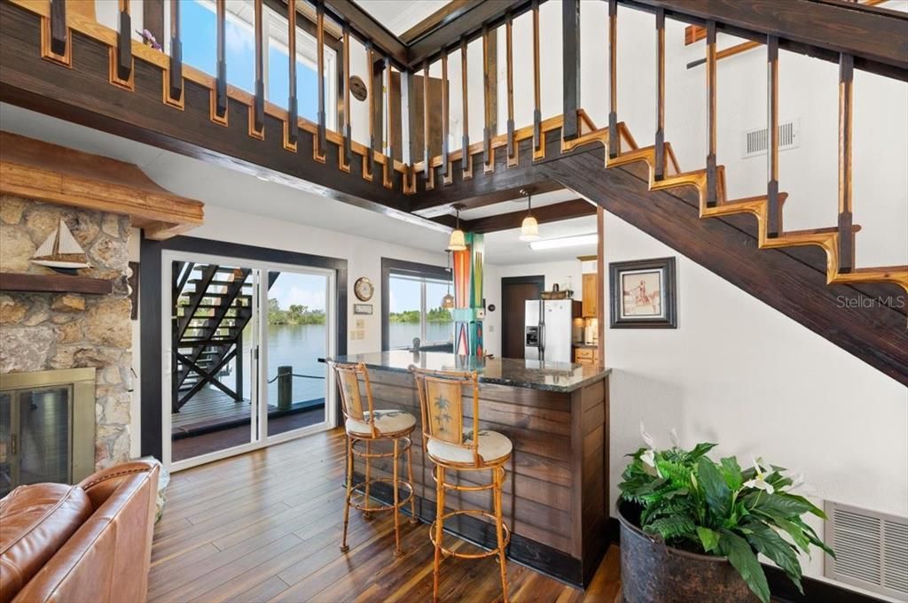 Fireplace, Interior, Pendant Lights, Stone Walls, Wood Texture Flooring