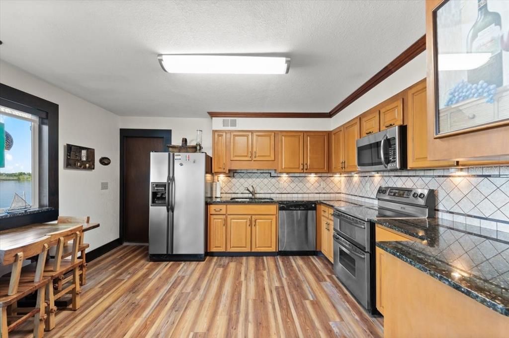 Interior, Kitchen, Tile Countertops, Wood Texture Flooring