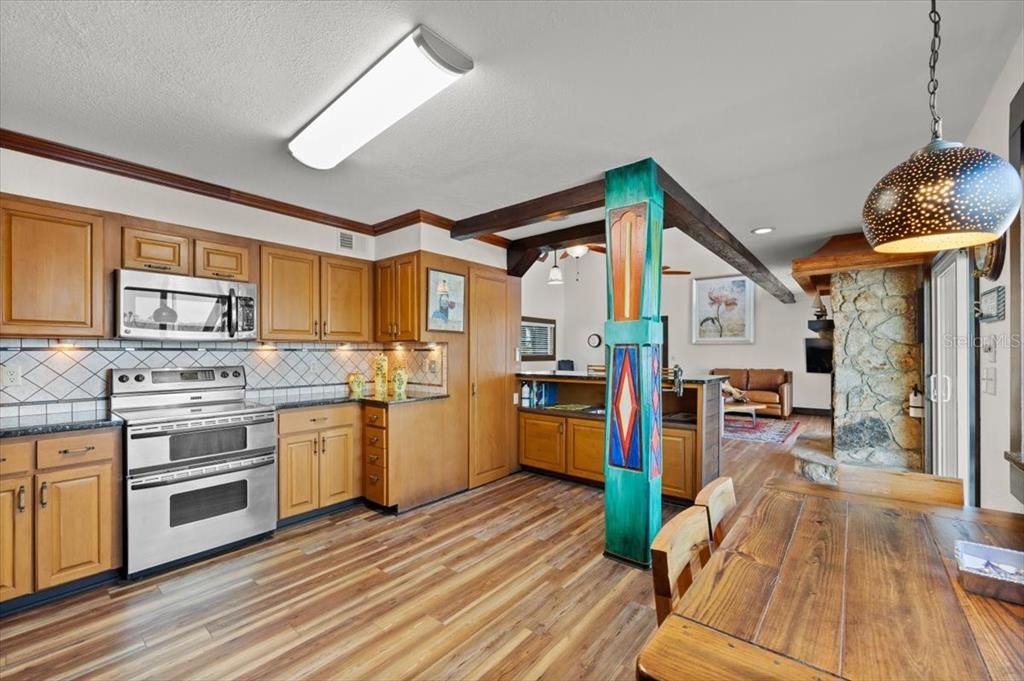 Interior, Kitchen, Recessed Lighting, Stone Walls, Tile Countertops, Wooden Beams, Wood Texture Flooring