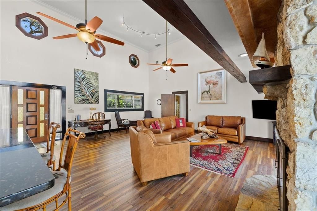 Fireplace, Interior, Living room, Stone Walls, Wooden Beams, Wood Texture Flooring