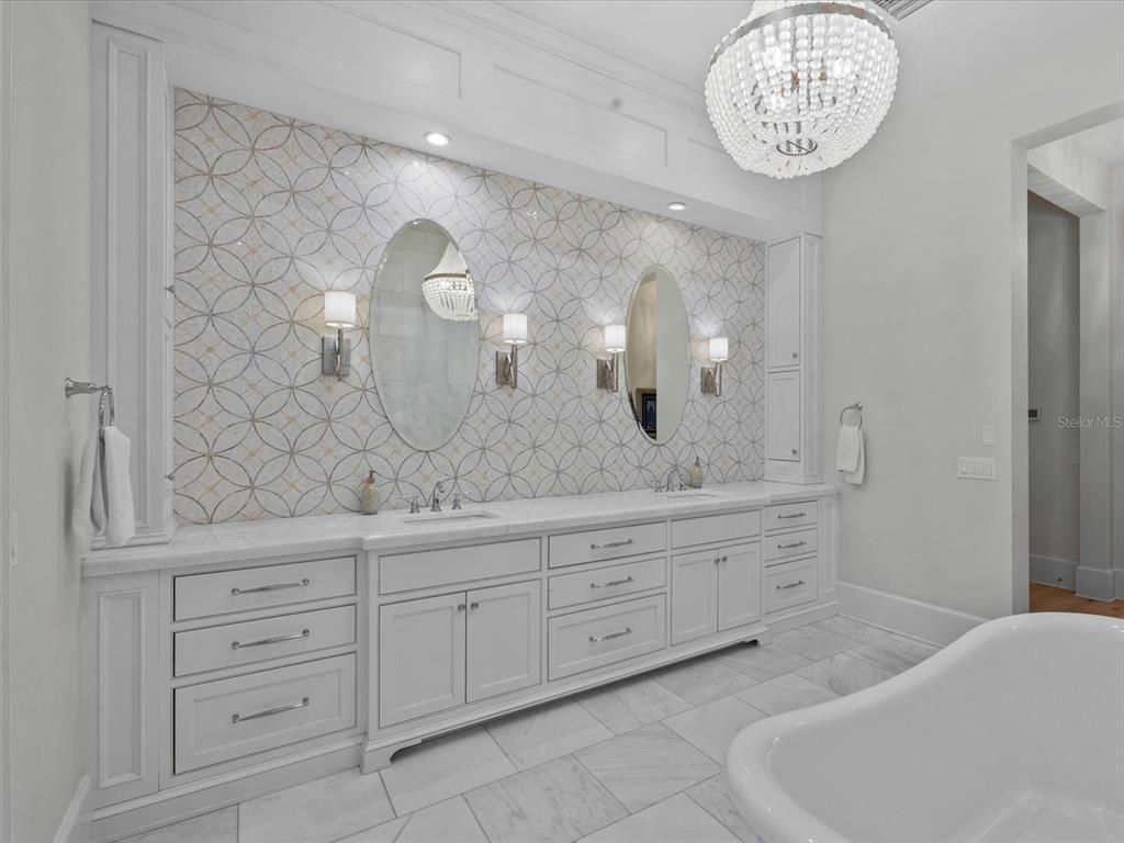 Bathroom, Chandelier, Dual Sink Vanities, Interior, Marble, Recessed Lighting