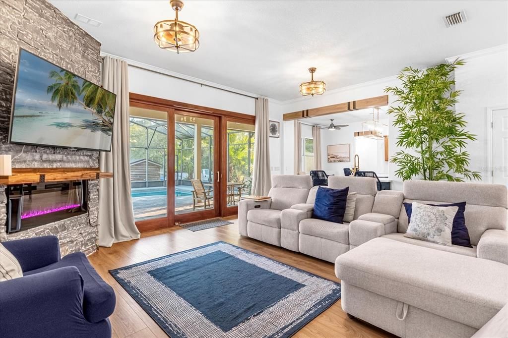 Dining room, Interior, Living room, Pendant Lights, Wood Texture Flooring