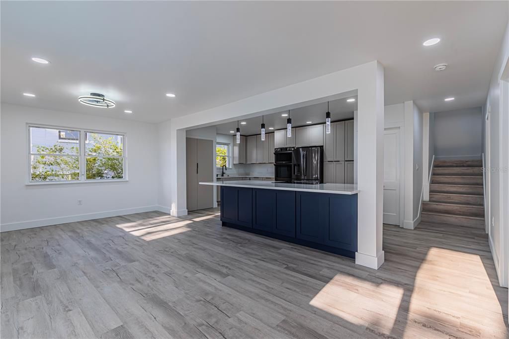 Interior, Kitchen, Pendant Lights, Recessed Lighting, Wood Texture Flooring