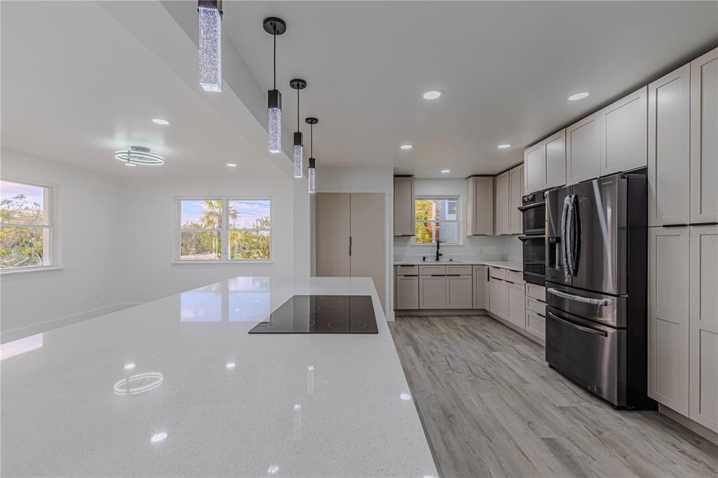 Interior, Kitchen, Pendant Lights, Recessed Lighting, Wood Texture Flooring