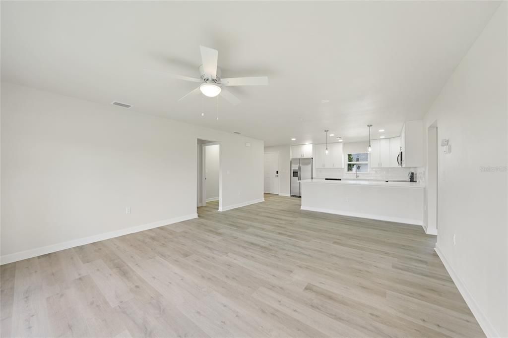 Empty room, Interior, Kitchen, Recessed Lighting, Wood Texture Flooring