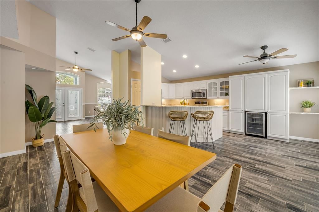 Dining room, Interior, Kitchen, Recessed Lighting, Wood Texture Flooring