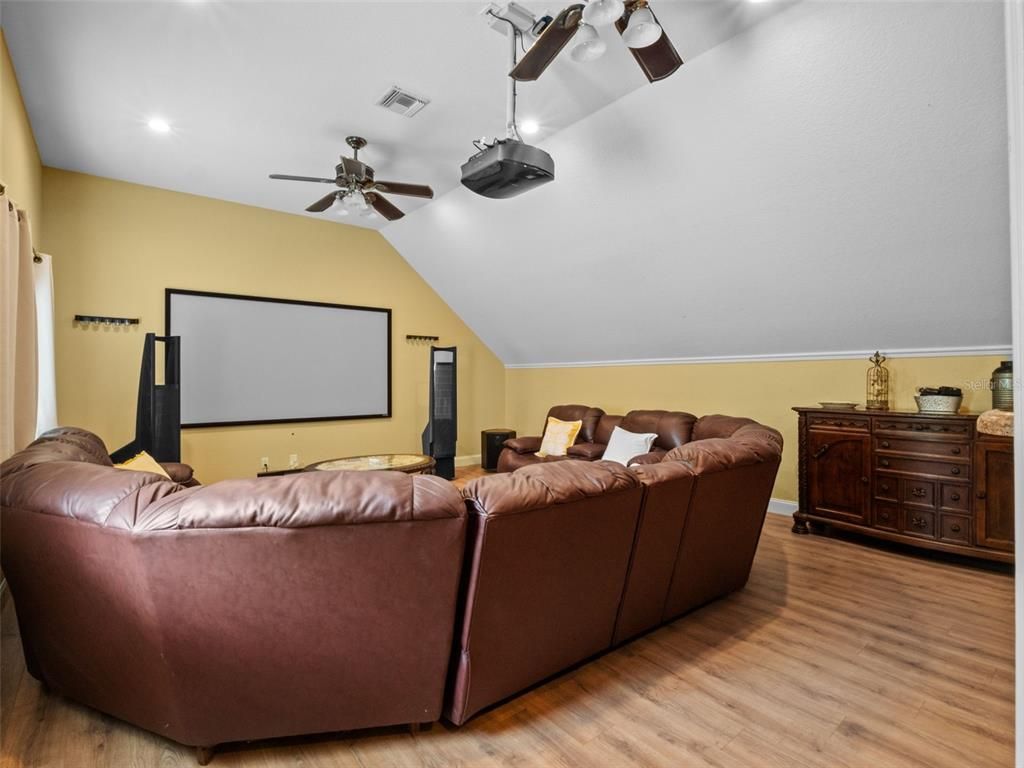 Interior, Projection Screen, Recessed Lighting, Theatre Room, Wood Texture Flooring