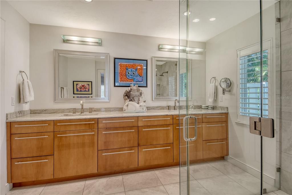 Bathroom, Dual Sink Vanities, Glass Shower, Interior, Recessed Lighting