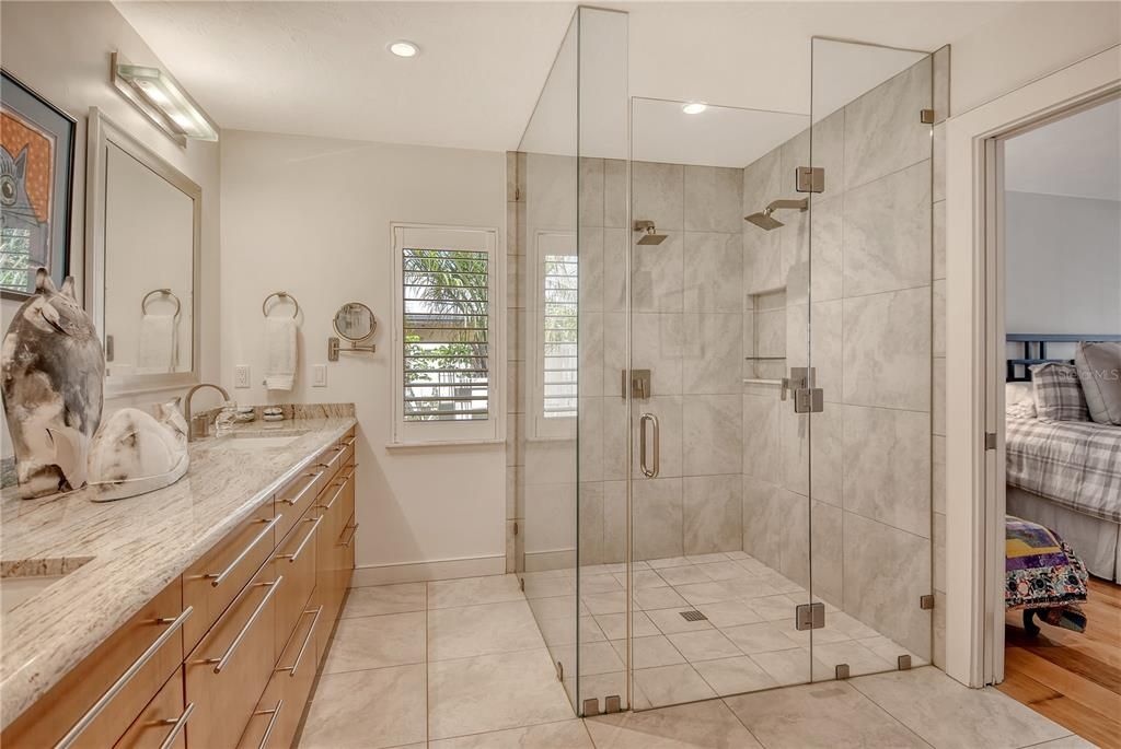 Bathroom, Bedroom, Dual Sink Vanities, Glass Shower, Interior, Recessed Lighting
