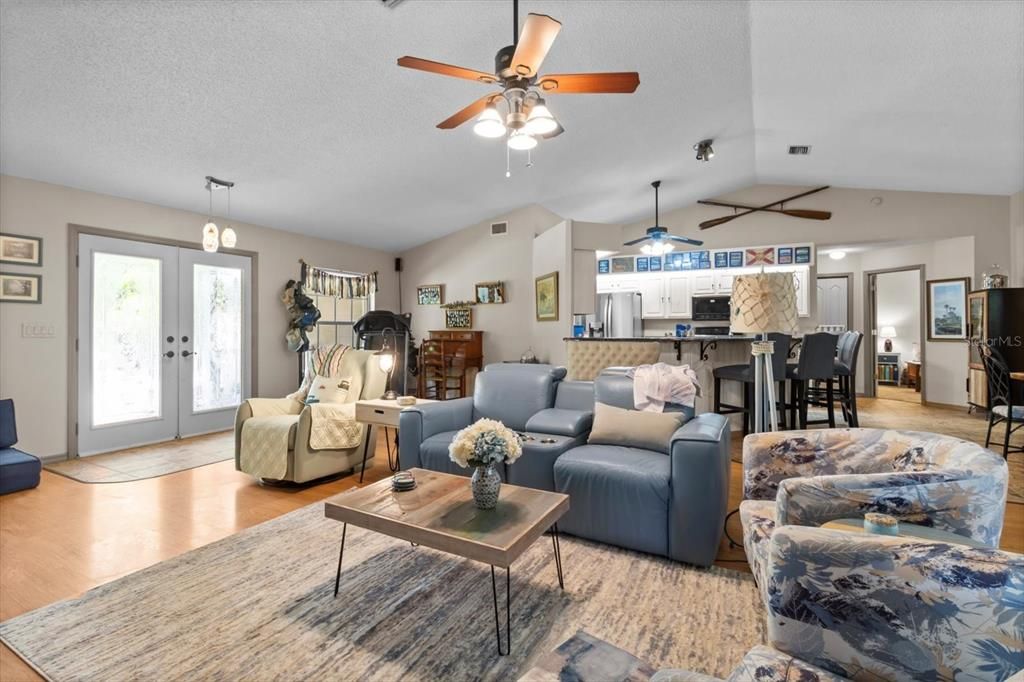 Dining room, Interior, Kitchen, Living room, Pendant Lights, Wood Texture Flooring