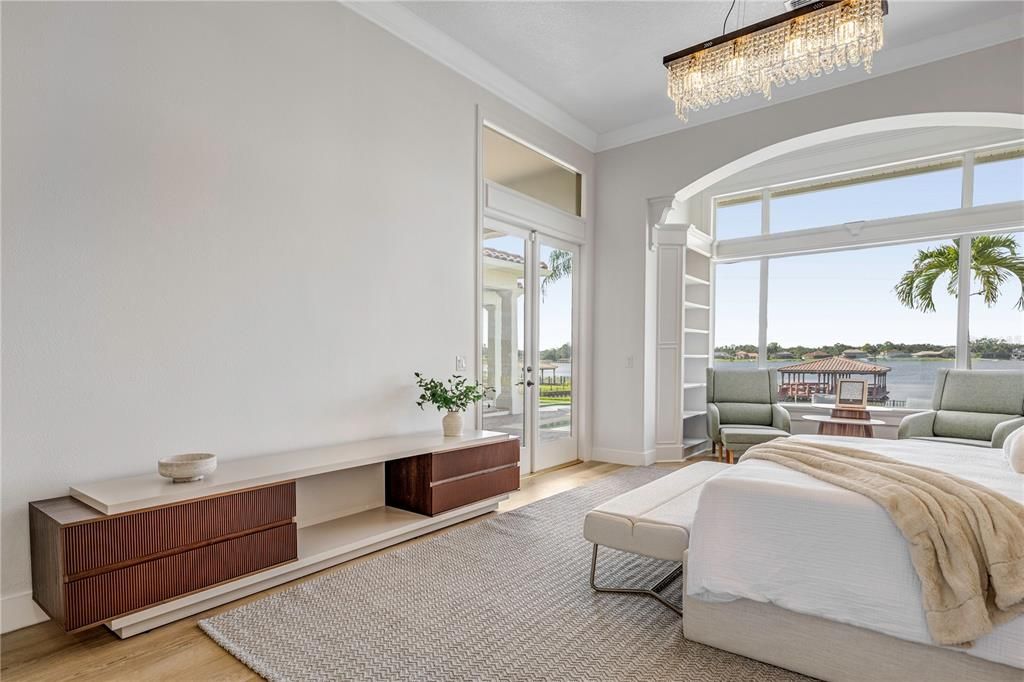 Bedroom, Chandelier, Interior, Water, Wood Texture Flooring