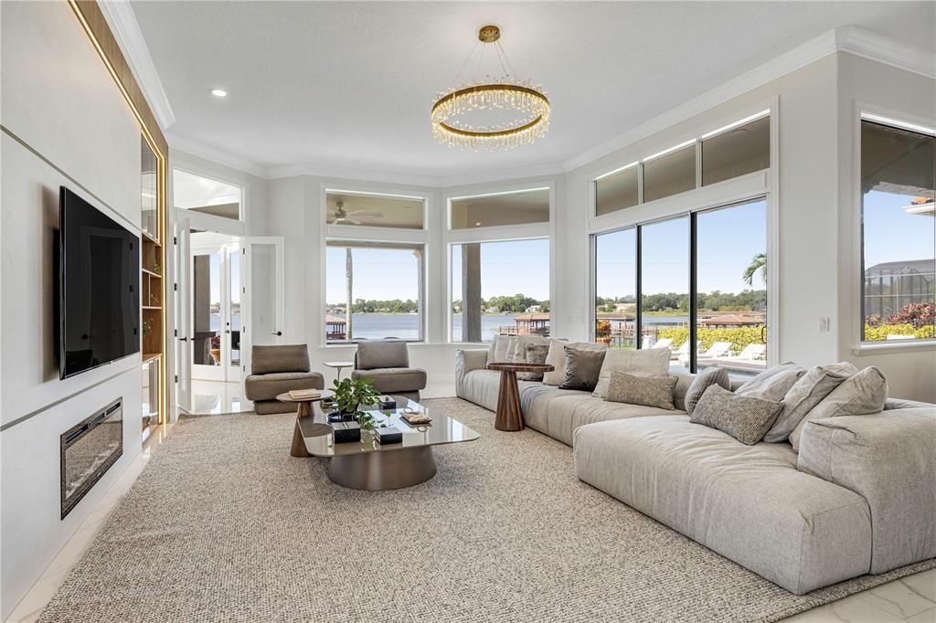 Fireplace, Interior, Living room, Recessed Lighting, Water