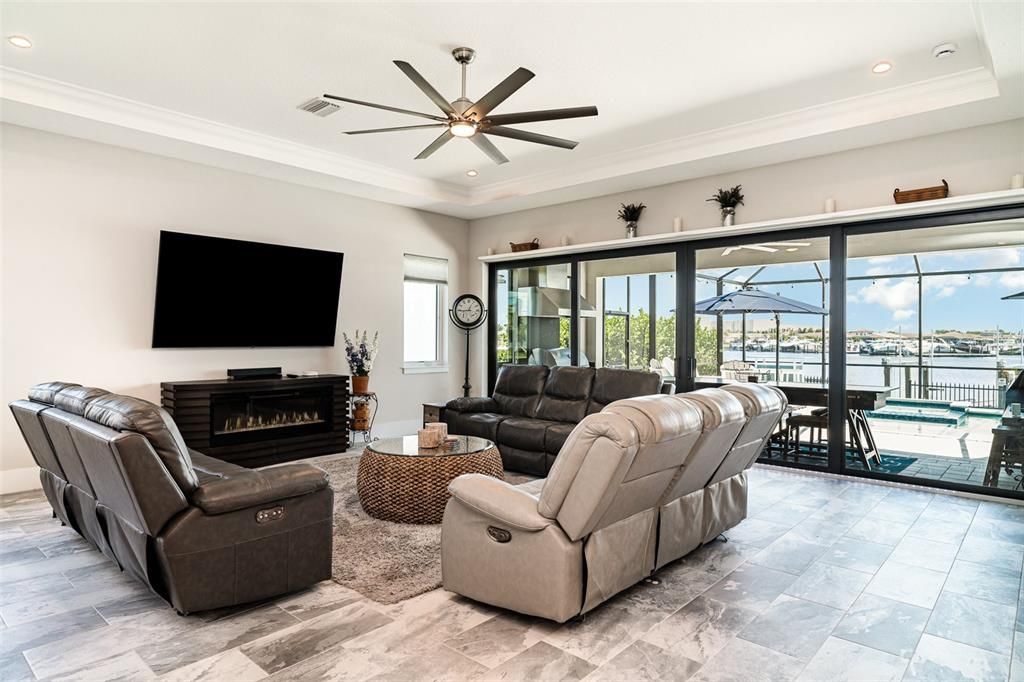 Fireplace, Interior, Living room, Recessed Lighting, Water