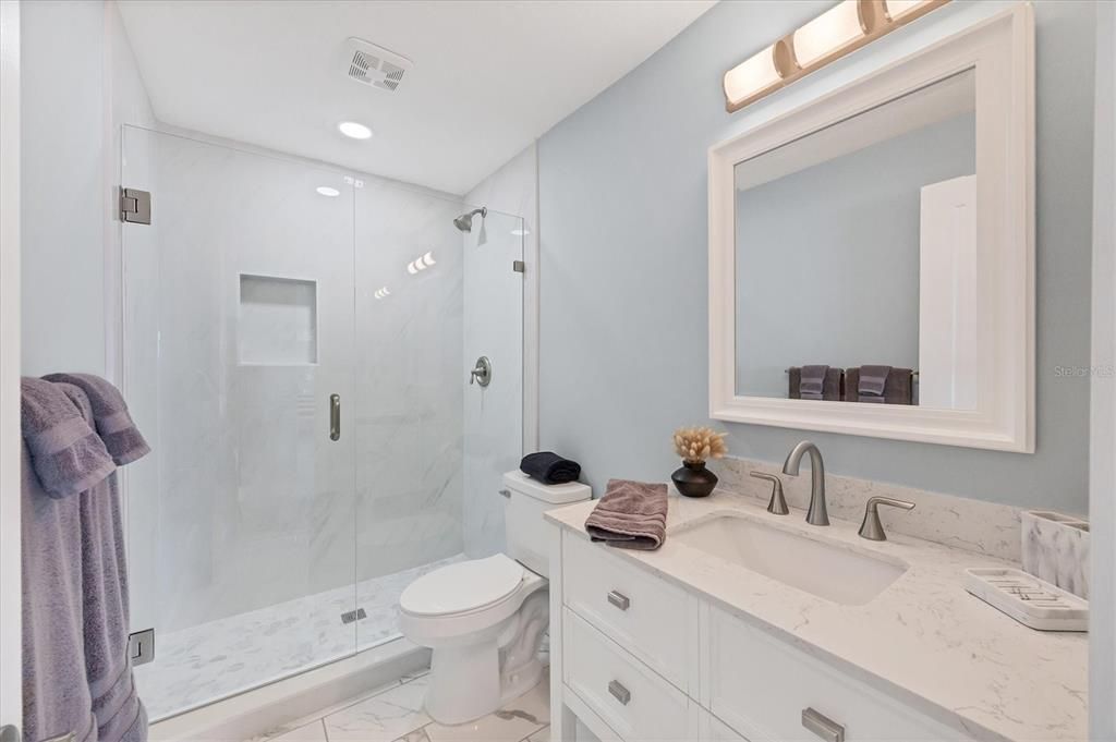 Bathroom, Glass Shower, Interior, Marble, Marble Walls, Recessed Lighting