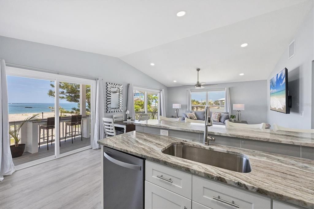 Dining room, Interior, Kitchen, Recessed Lighting, Water, Wood Texture Flooring