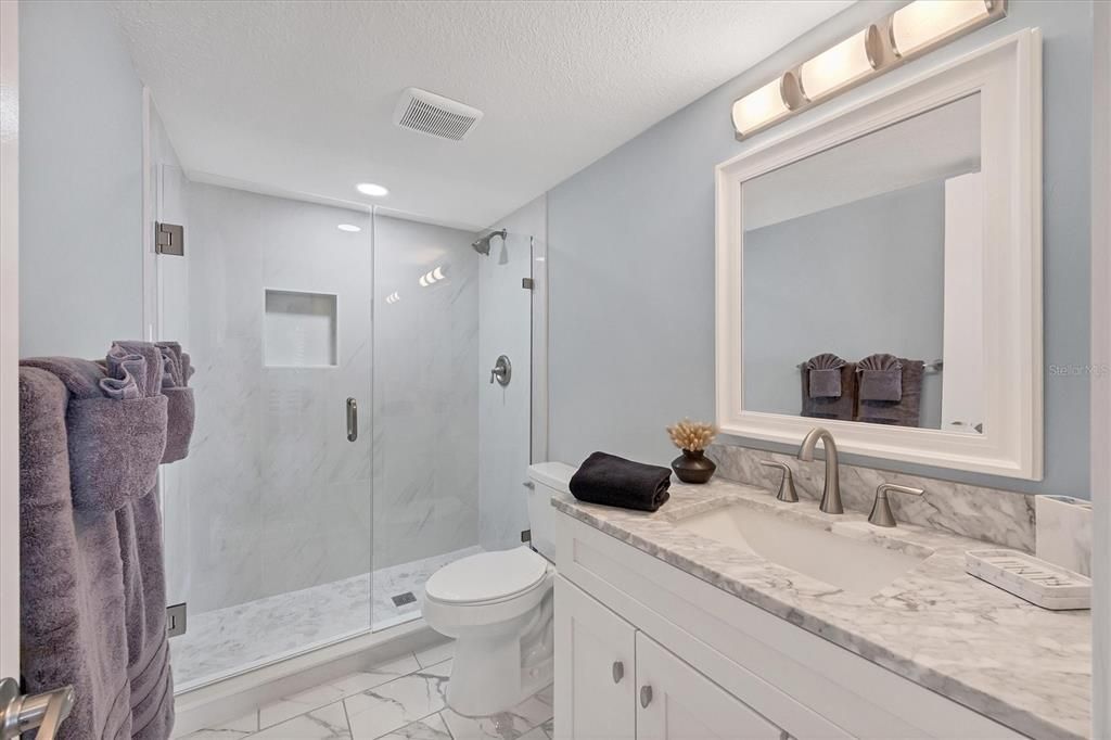 Bathroom, Glass Shower, Interior, Marble, Marble Walls, Recessed Lighting