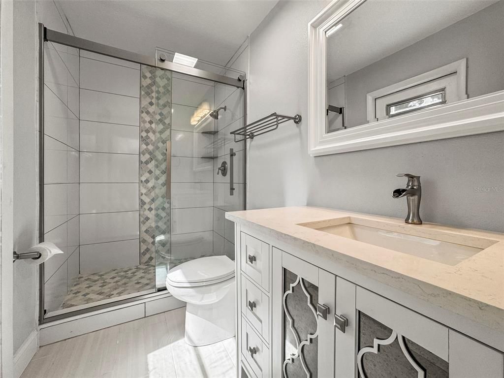 Bathroom, Glass Shower, Interior, Wood Texture Flooring