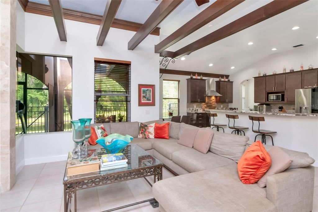 Interior, Kitchen, Living room, Recessed Lighting, Wooden Beams