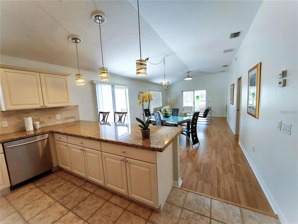 Dining room, Interior, Kitchen, Pendant Lights, Wood Texture Flooring