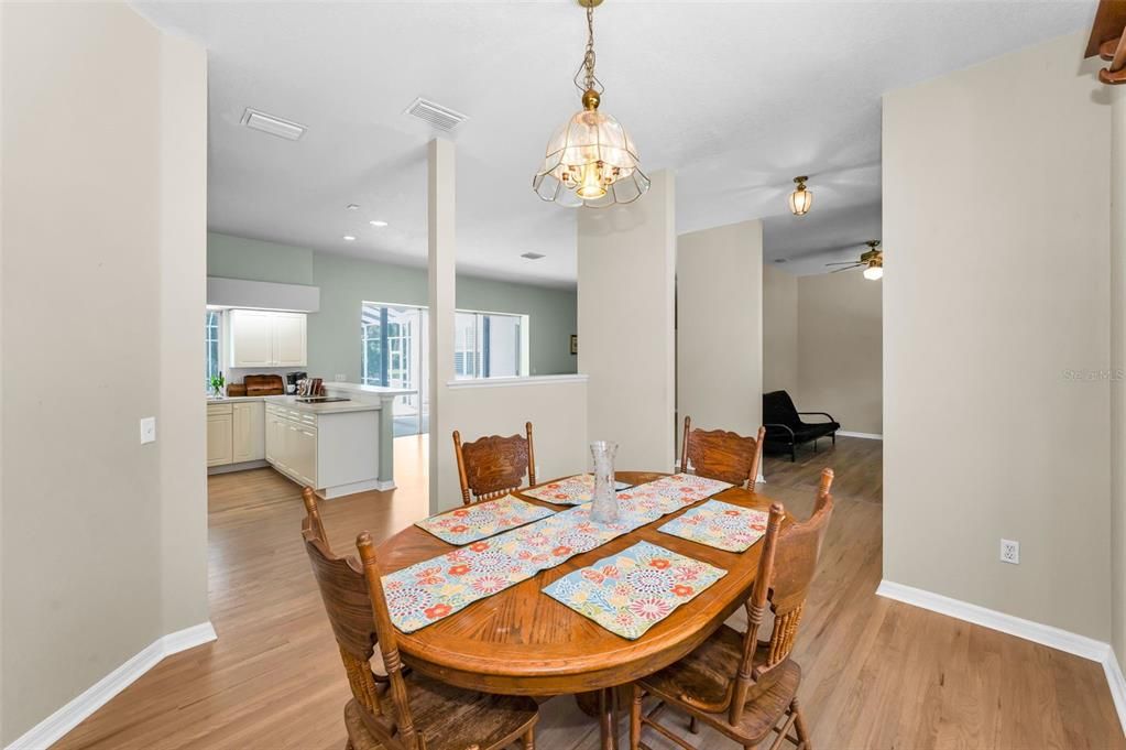 Dining room, Interior, Kitchen, Pendant Lights, Recessed Lighting, Wood Texture Flooring