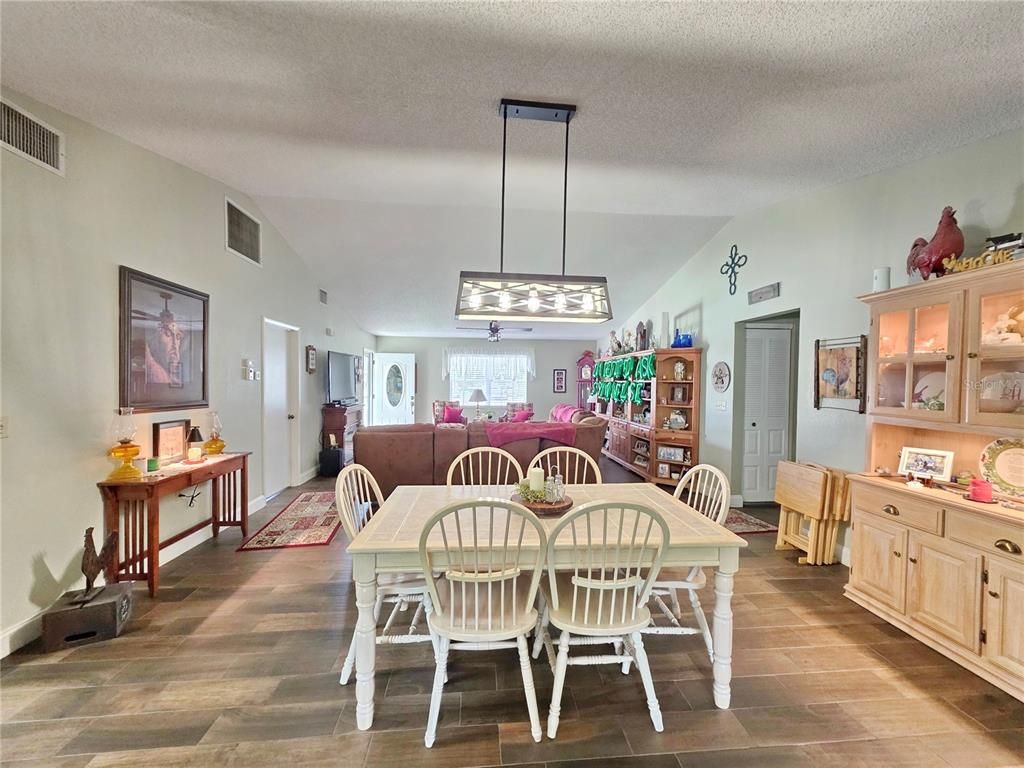 Dining room, Interior, Pendant Lights, Wood Texture Flooring