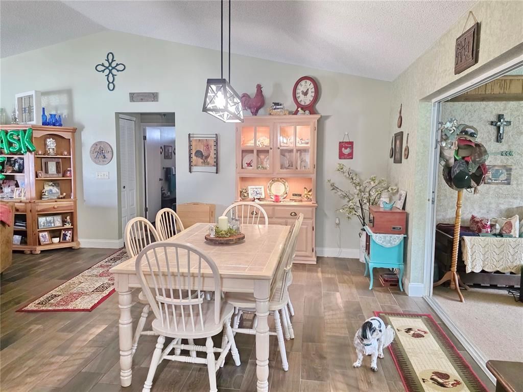 Dining room, Interior, Pendant Lights, Wood Texture Flooring