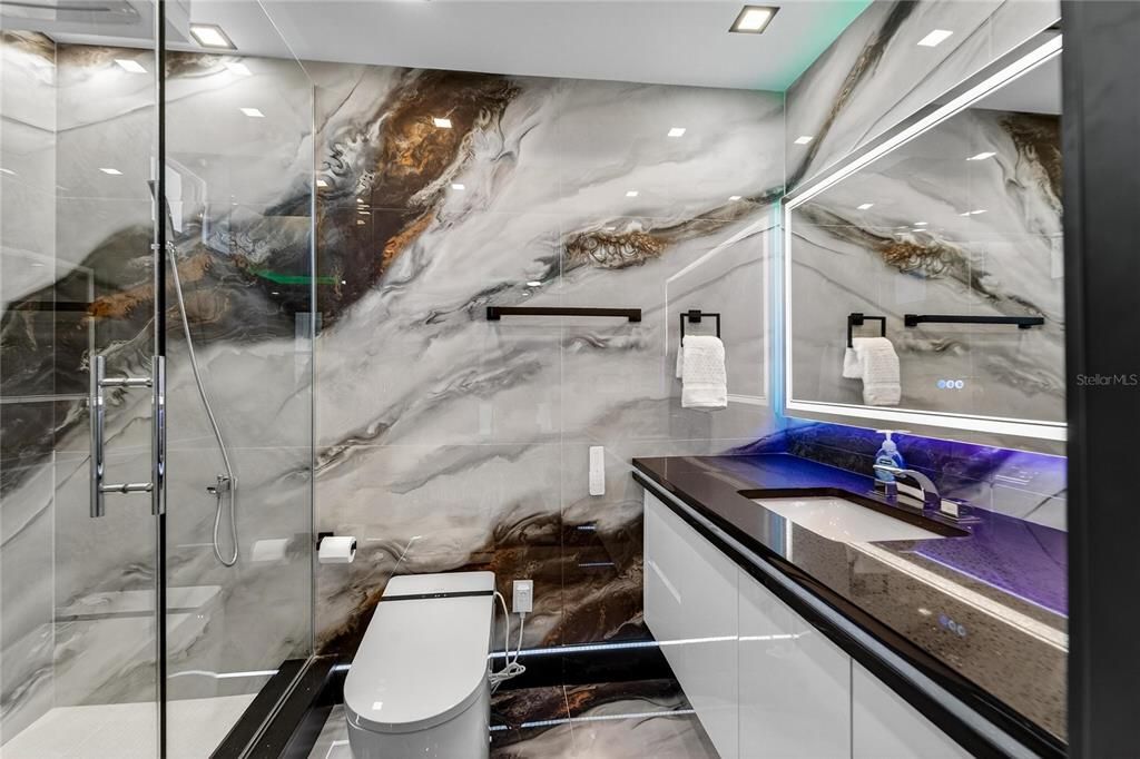 Bathroom, Glass Shower, Interior, Marble Walls, Recessed Lighting