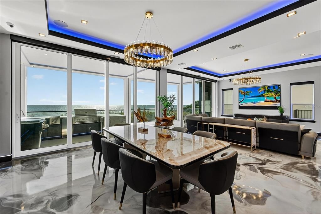 Dining room, Interior, Living room, Marble, Pendant Lights, Recessed Lighting, Water
