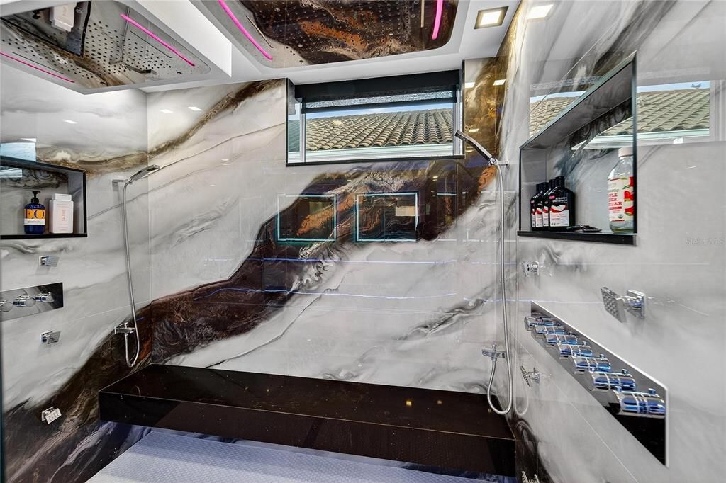 Bathroom, Interior, Marble Walls, Recessed Lighting