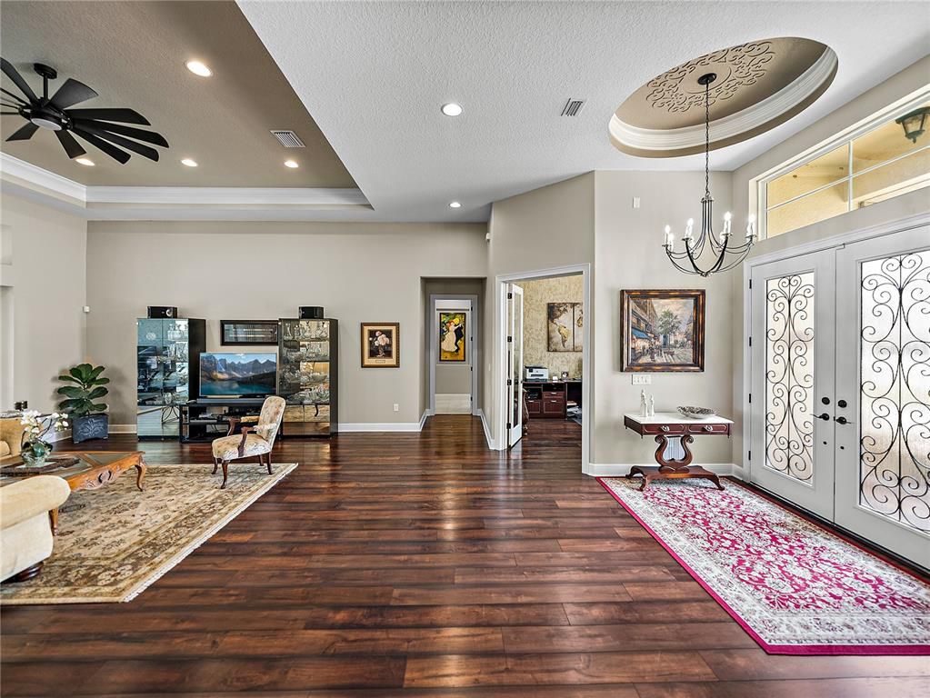 Chandelier, Interior, Living room, Recessed Lighting, Wood Texture Flooring