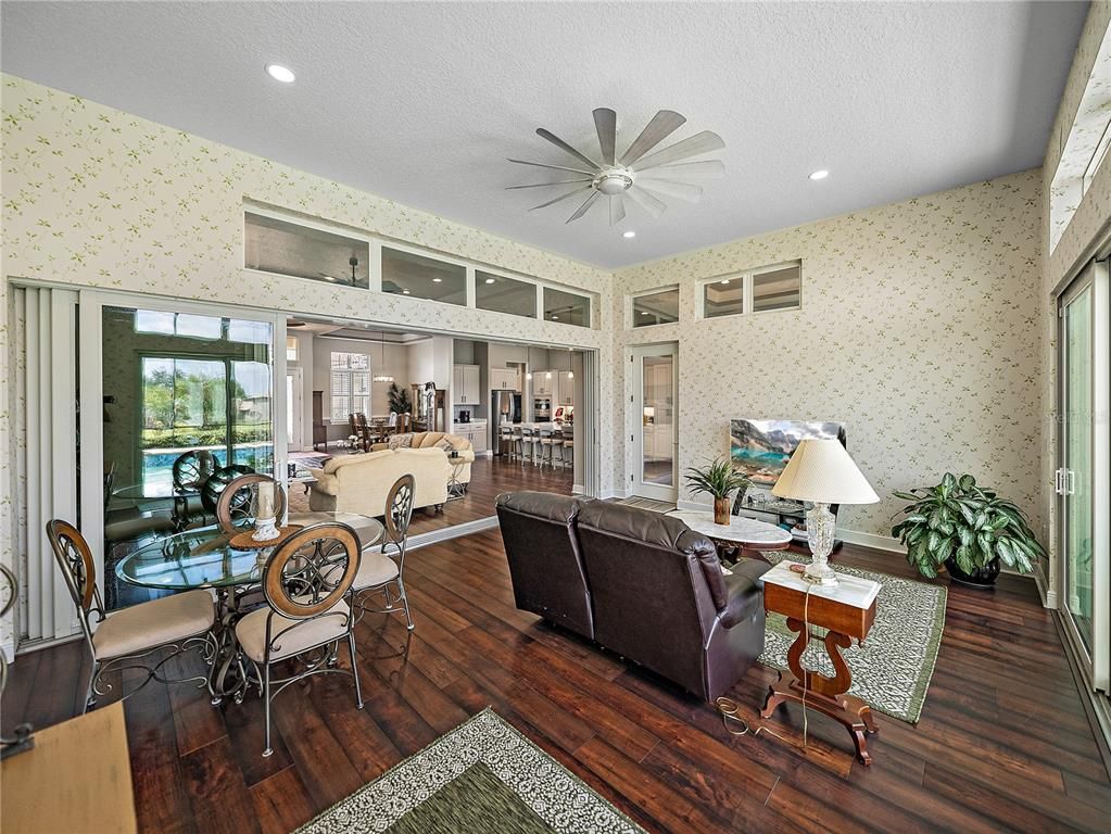 Dining room, Interior, Living room, Recessed Lighting, Wood Texture Flooring
