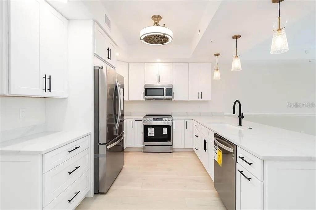 Interior, Kitchen, Pendant Lights, Stainless Steel Appliances, Wood Texture Flooring