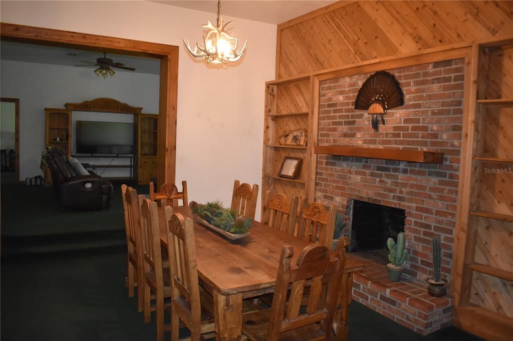 Dining room, Fireplace, Interior, Pendant Lights, Stone Walls