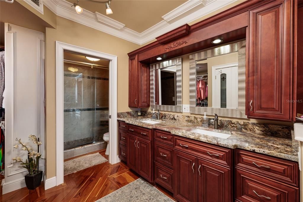 Bathroom, Dual Sink Vanities, Glass Shower, Interior, Wood Texture Flooring