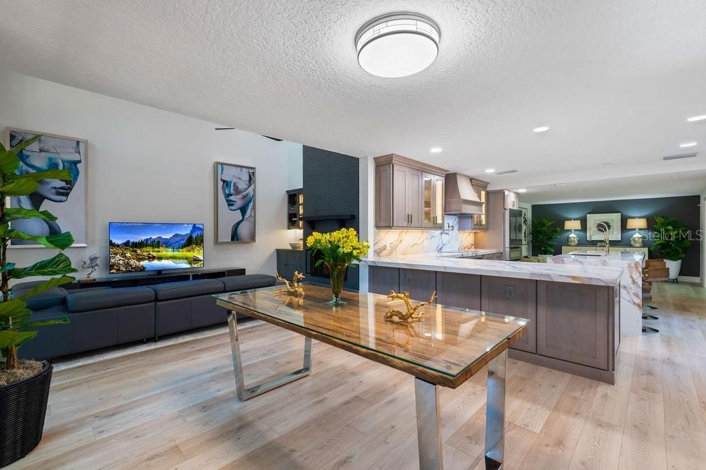 Interior, Kitchen, Living room, Marble Walls, Recessed Lighting, Wood Texture Flooring