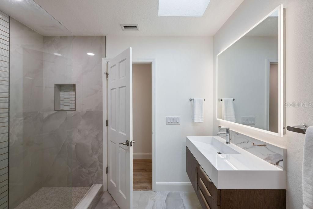 Bathroom, Glass Shower, Interior, Marble, Marble Walls, Recessed Lighting