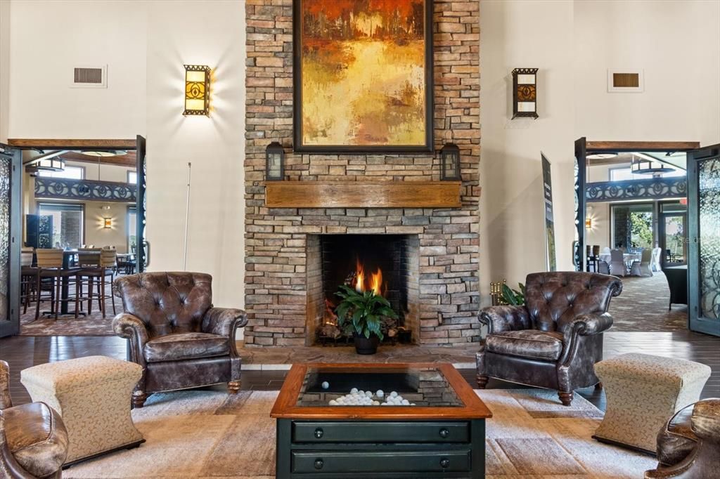 Dining room, Fireplace, Interior, Living room, Pendant Lights, Stone Walls, Wood Texture Flooring