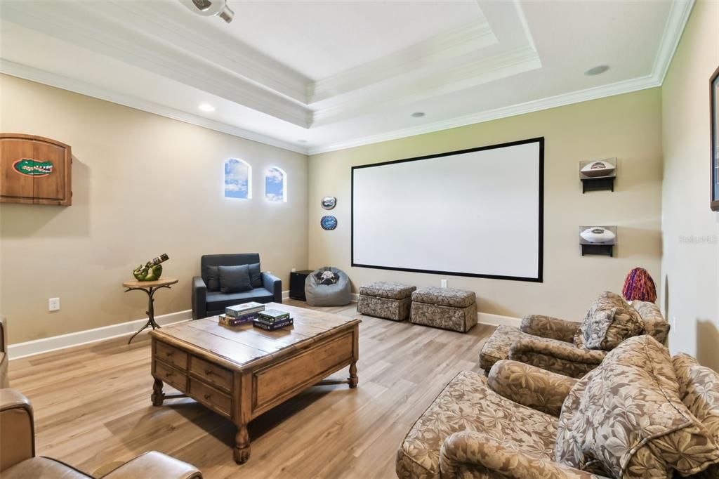 Interior, Living room, Projection Screen, Recessed Lighting, Wood Texture Flooring
