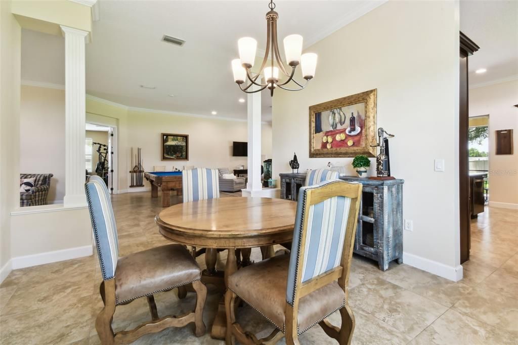 Chandelier, Dining room, Fireplace, Interior, Recessed Lighting