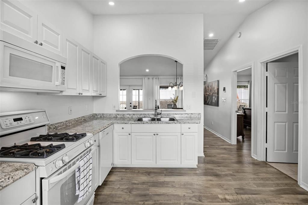 Chandelier, Interior, Kitchen, Pendant Lights, Recessed Lighting, Wood Texture Flooring