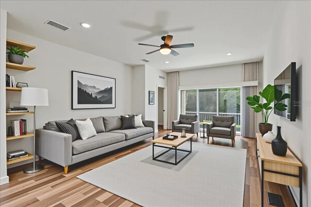 Interior, Living room, Recessed Lighting, Wood Texture Flooring