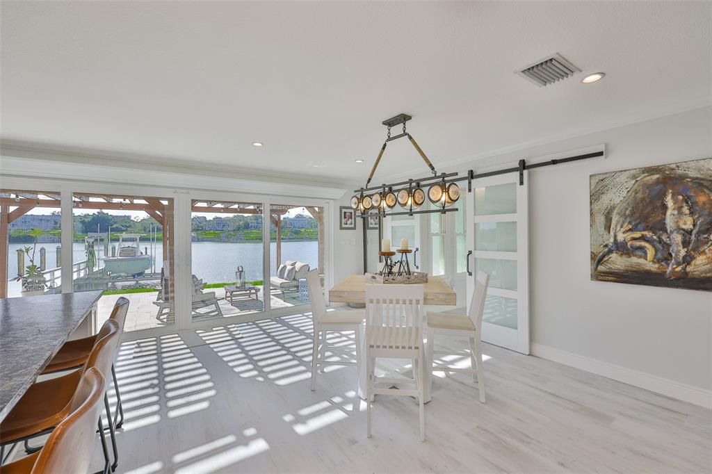 Chandelier, Dining room, Interior, Recessed Lighting, Water, Wood Texture Flooring