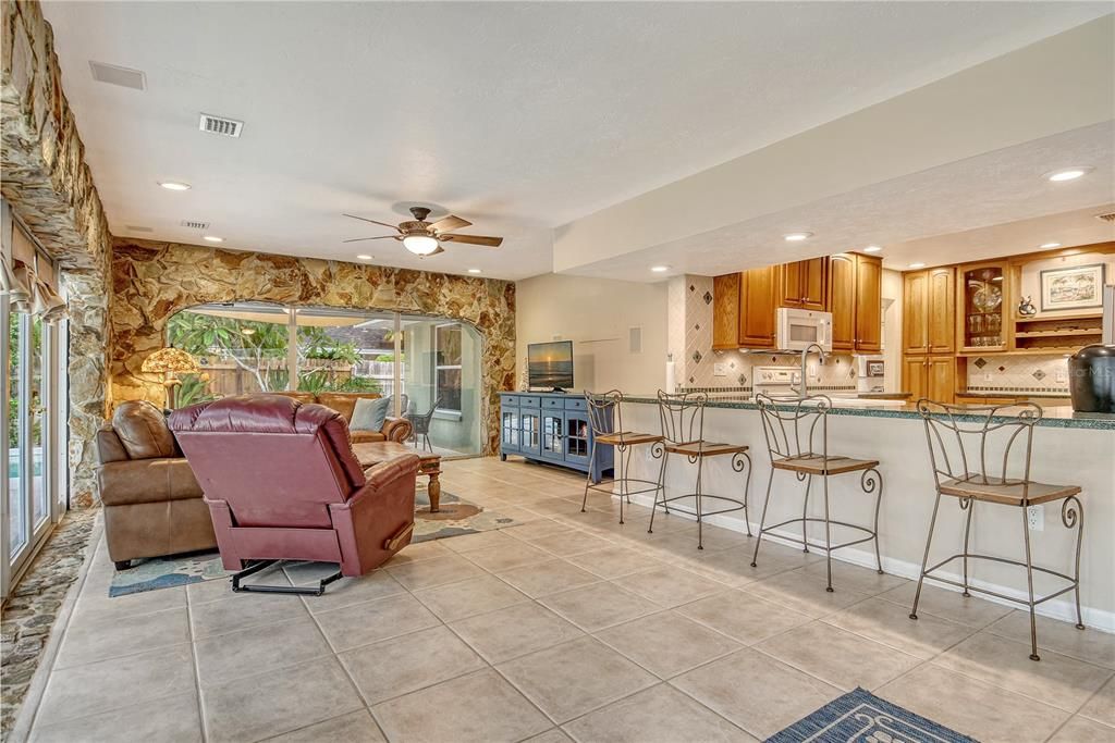 Interior, Kitchen, Living room, Recessed Lighting, Stone Walls
