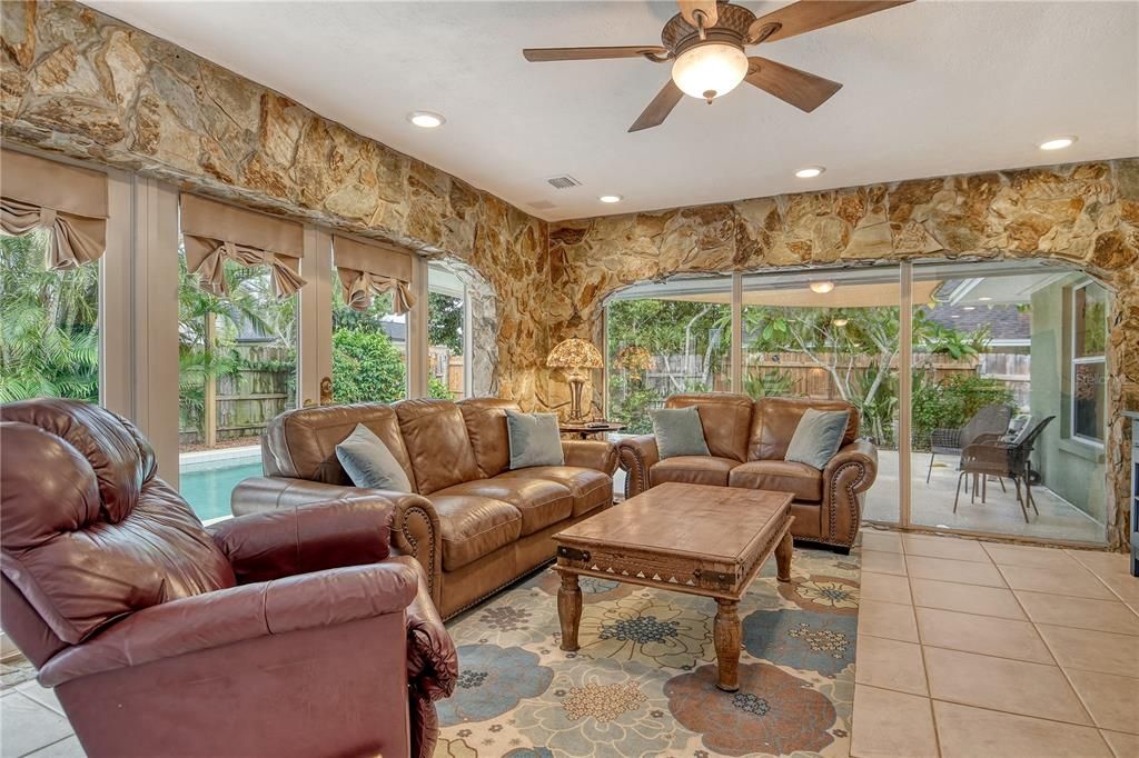 Interior, Living room, Recessed Lighting, Stone Walls